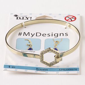 Bracelet, bangle, steel and glass, pkg/1, gold finish and clear, 8 inches with 20mm hexagon and hook clasp.