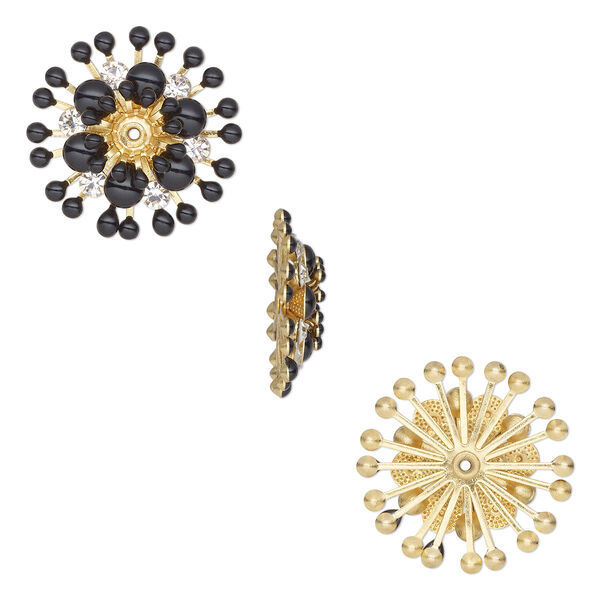 Component, epoxy / glass rhinestone / gold-finished copper, clear and black, 25mm center-drilled single-sided flower. Sold per pkg of 2. image number 0