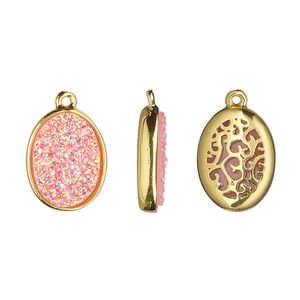 Drop, Druzylite™, "druzy" (resin) and gold-finished brass, pink, 15.5x11.5mm two-sided oval with open filigree back. Sold per pkg of 4.