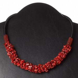 Necklace, bamboo coral (dyed) / nylon cord / plastic / glass, black and red, 16-1/2 inches with 3-inch loop extender and button clasp. Sold individually.