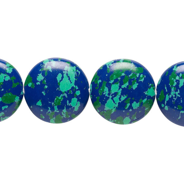 Bead, resin, dark blue / green / turquoise blue, 16mm flat round. Sold per 15" to 16" strand. image number 0