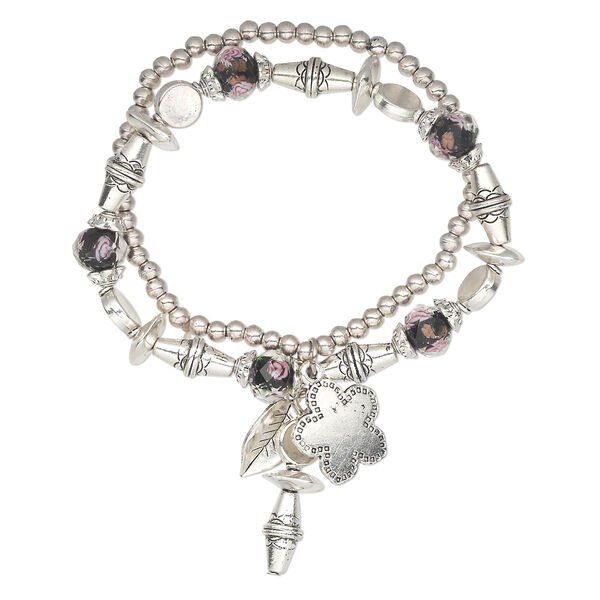 Bracelet, stretch, glass and antique silver-plated "pewter" (zinc-based alloy), clear / purple / black, assorted shape, 7 inches. Sold individually. image number 0