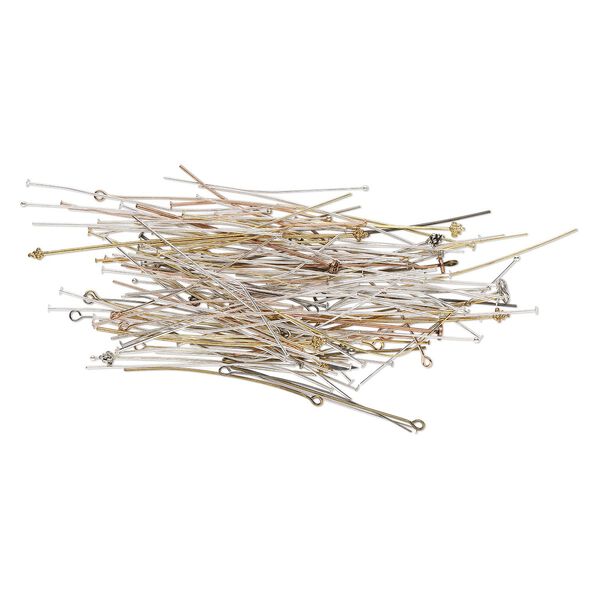 Head pin and eye pin mix, brass / steel / pewter (tin-based alloy), multi-finished, 2 to 2-1/2 inches, 18-26 gauge. Sold per 25-gram pkg, approximately 135 findings. image number 0
