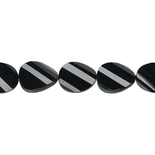 Bead, black onyx (dyed), 11x9mm hand-cut faceted twisted flat oval, B+ grade, Mohs hardness 6-1/2 to 7. Sold per pkg of 5. image number 0