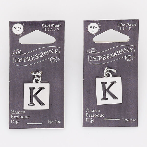 Drop, silver-finished "pewter" (zinc-based alloy) and steel, 16x15mm square with cutout alphabet letter "K." Sold per pkg of 2. image number 0