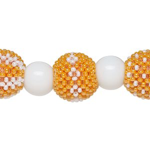 Bead, glass, opaque orange and white, 13mm round and 10mm round. Sold per 6-inch strand, approximately 7 beads.