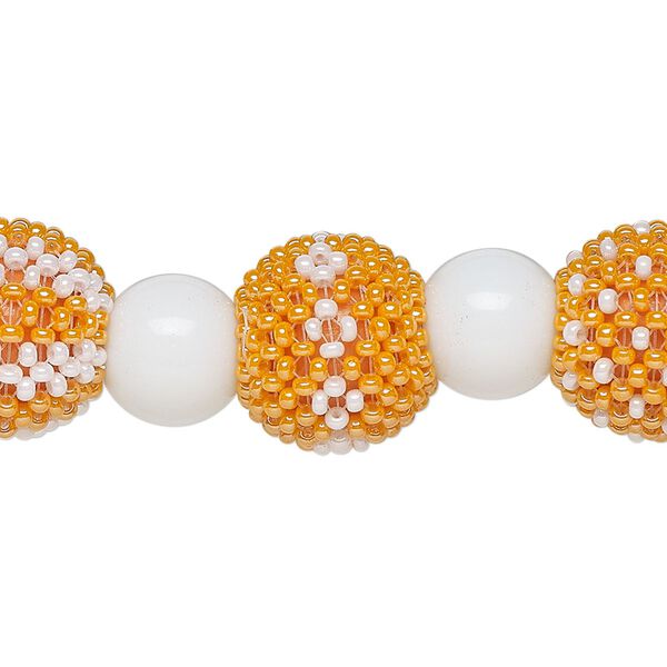 Bead, glass, opaque orange and white, 13mm round and 10mm round. Sold per 6-inch strand, approximately 7 beads. image number 0