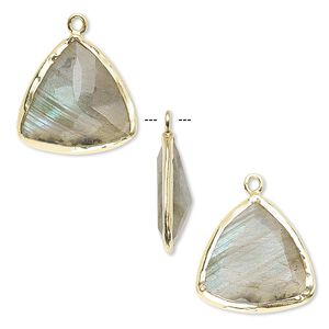 Drop, labradorite (natural) and gold-finished sterling silver, 16mm two-sided faceted triangle. Sold per pkg of 2.