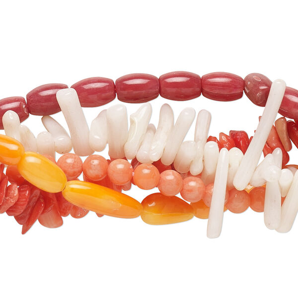 Bead mix, bamboo coral (bleached / dyed), mixed colors, 3mm-19x6mm mixed shapes, Mohs hardness 3-1/2 to 4. Sold per pkg of (5) 15-inch strands. image number 0