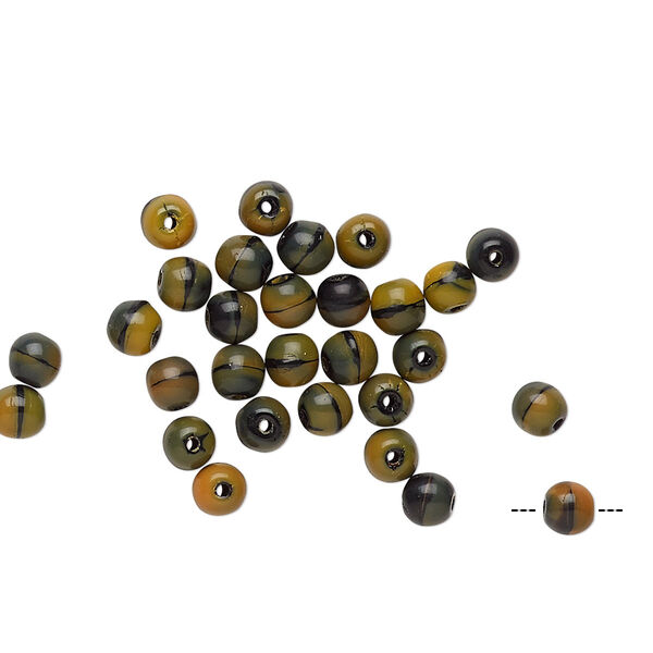 Bead, vintage German glass, orange and black, 4mm round with line design. Sold per pkg of 30. image number 0
