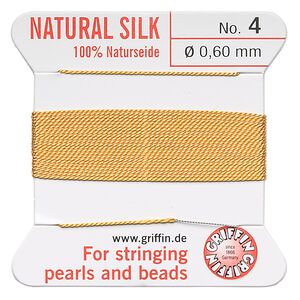 Thread, Griffin, silk, amber yellow, size #4. Sold per 2-meter card (approximately 78 inches).