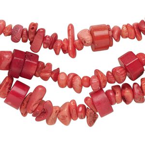 Bead mix, bamboo coral (dyed), light to dark red, 10x4mm-12x7mm heishi and small to extra-large chip, C grade, Mohs hardness 3-1/2 to 4. Sold per pkg of (3) 8-inch strands.