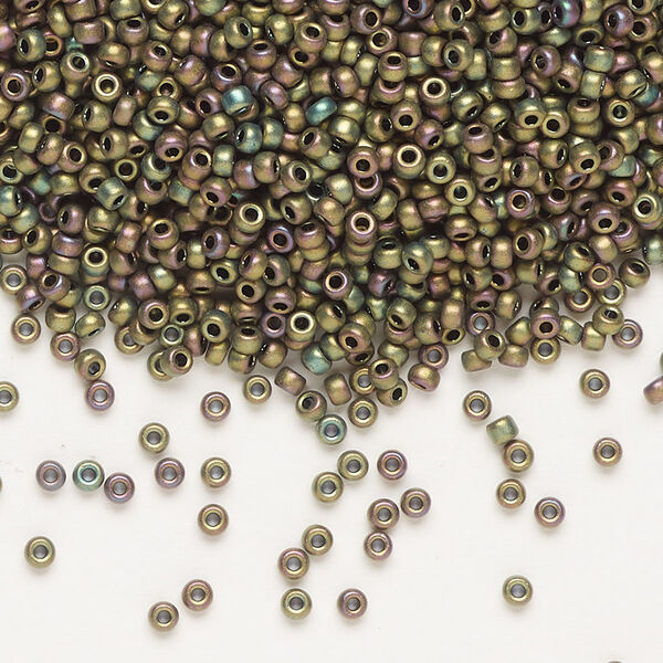 Seed bead, Miyuki, glass, pkg/250g, #11 rocaille, opaque matte metallic iris khaki patina (RR-2069). image number 0