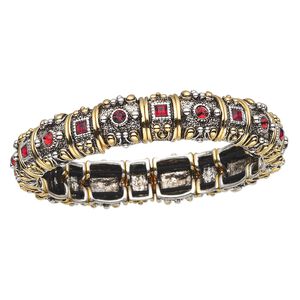 Bracelet, stretch, crystals with silver- and gold-plated "pewter" (zinc-based alloy), garnet, 14mm wide with beaded design, 7-1/2 inches. Sold individually.