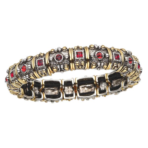 Bracelet, stretch, crystals with silver- and gold-plated "pewter" (zinc-based alloy), garnet, 14mm wide with beaded design, 7-1/2 inches. Sold individually. image number 0