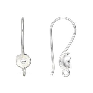 Ear wire 1pkg2 Hill Tribes fine silver, 26x7mm 6-petal flower / open loop, 1 pair