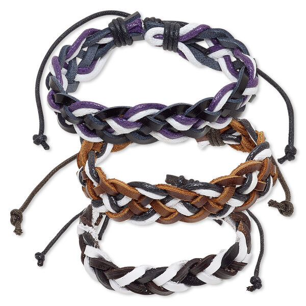 Bracelet mix, leather (dyed) and waxed cotton cord, mixed colors, 12-16mm wide, adjustable from 6-8 inches with knot closure. Sold per pkg of 3. image number 0
