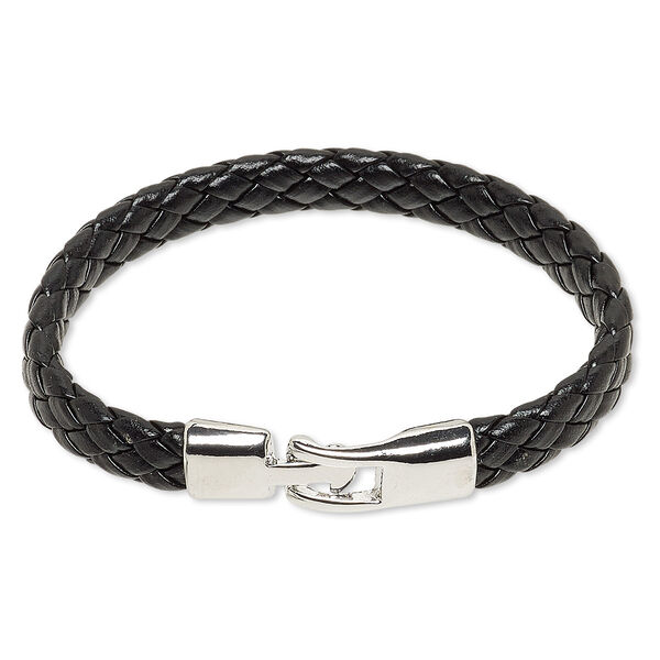 Bracelet, leather (dyed) and imitation rhodium-plated "pewter" (zinc-based alloy), black, 18mm wide woven, 7 inches with buckle-style clasp. Sold individually. image number 0