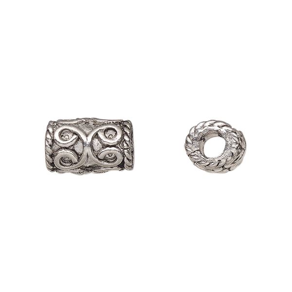 Bead, pewter (tin-based alloy), pkg/1, antiqued, 13x9mm tube with rope edge. image number 0