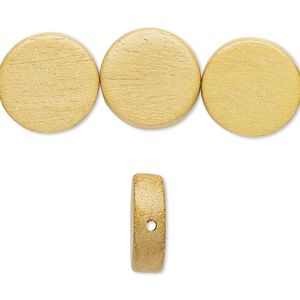 Bead, wood (waxed), 14-15mm hand-cut flat round. Sold per 15-1/2" to 16" strand.