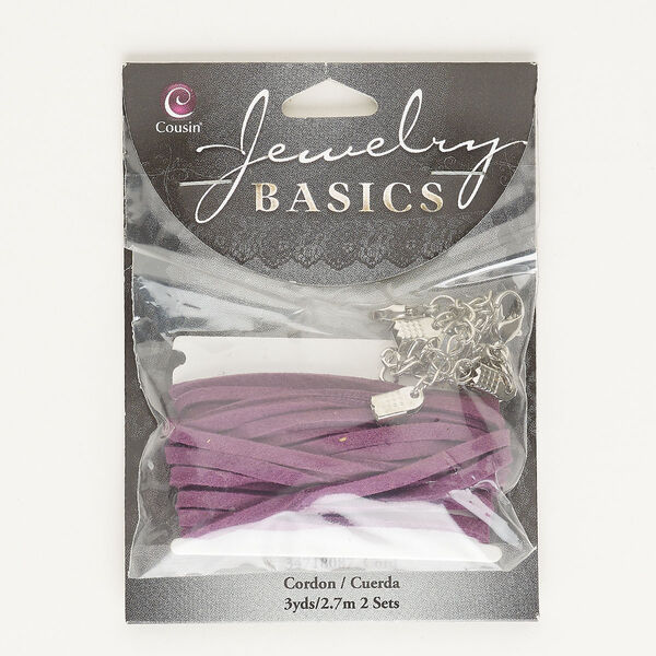 Cord assortment, antique silver-finished steel and leather, purple, 3 yards of 3mm flat cord wih (2) 9x6mm lobster claw clasps and (1) 5mm fold-over crimp. Sold per pkg of 3. image number 0