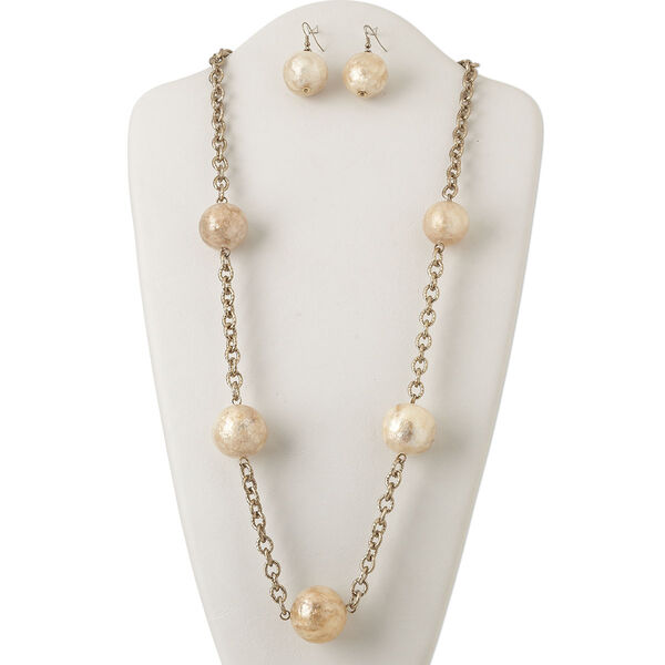 Necklace and earring set, Capiz shell and gmelina wood (coated) / resin / antiqued gold-finished steel and aluminum, clear, 24-30mm round, 30-inch continuous loop, 1-3/4 inch fishhook earrings. Sold per set. image number 0