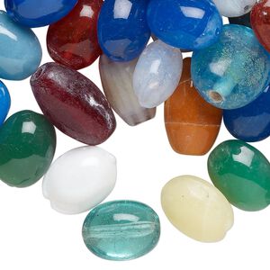 Bead mix, lampworked glass, opaque and translucent mixed colors, 10x7mm-16x9mm oval. Sold per 4-ounce pkg, approximately 80 beads.