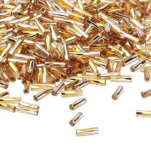 Bead, Miyuki, bugle bead, glass, pkg/250 g, 6x2mm center-drilled twisted, silver-lined translucent gold/clear (TW-3932).
