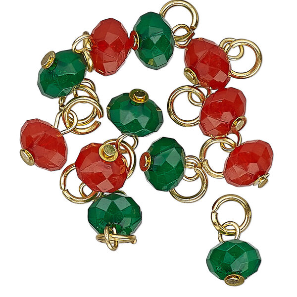 Drop mix, Charmed, acrylic and gold-finished steel, assorted red and green, 8x5mm faceted rondelle. Sold per pkg of 12. image number 0