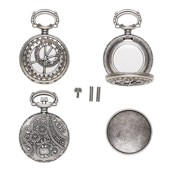 Watch body, acrylic and antique silver-finished "pewter" (zinc-based alloy), transparent clear, 41x27mm with 27mm round and dial with floral design. Sold per 5-piece set. image number 0