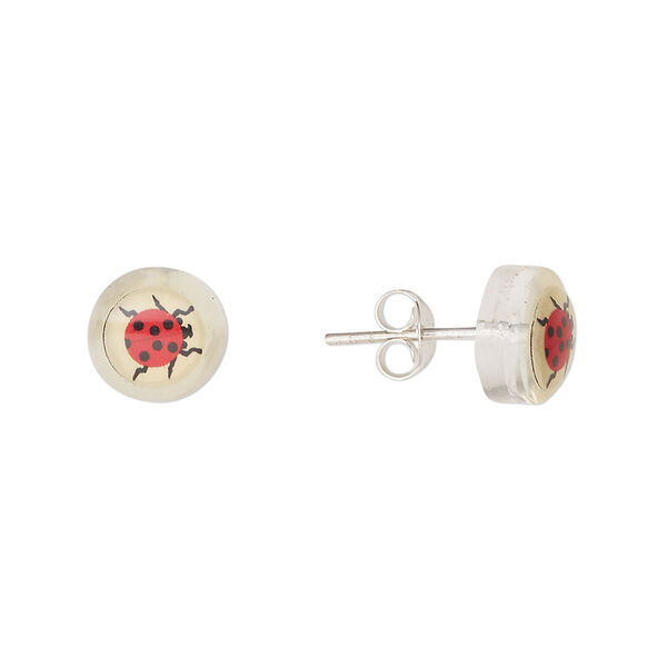Earstud, Everyday Jewelry, sterling silver and acrylic, clear and multicolored, 9mm round with ladybug. Sold per pair. image number 0