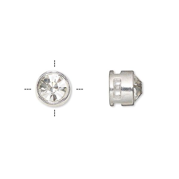 Spacer, glass rhinestone and silver-finished "pewter" (zinc-based alloy), clear, 9x8mm cross-drilled round with 7mm chaton. Sold per pkg of 6. image number 0
