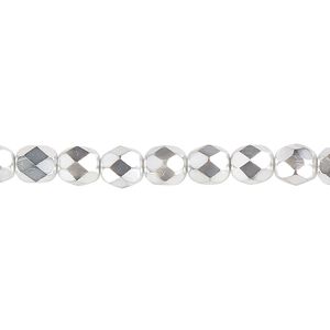 Bead, Czech fire-polished glass, opaque to transparent clear with half-coat metallic silver and chrome, 6mm faceted round. Sold per 15-1/2" to 16" strand.