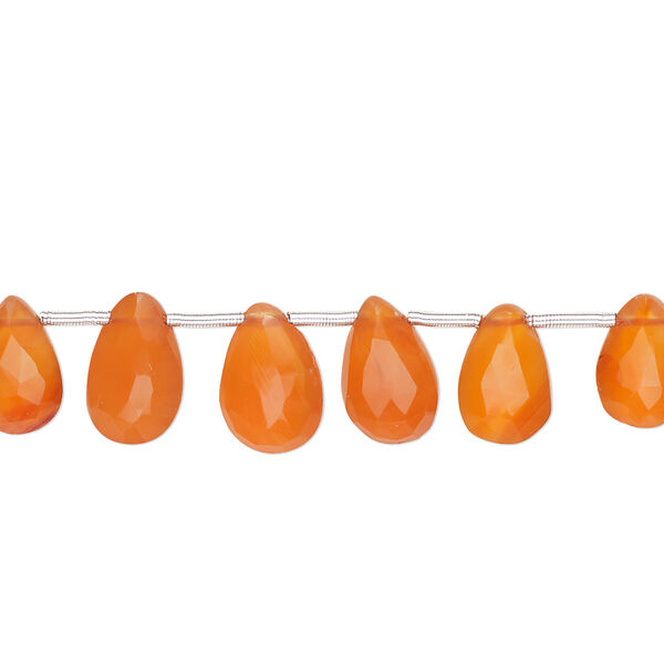 Bead, carnelian (dyed / heated), 6x4mm-10x7mm graduated hand-cut top-drilled faceted puffed teardrop, B grade, Mohs hardness 6-1/2 to 7. Sold per 4-inch strand, approximately 15 beads. image number 0