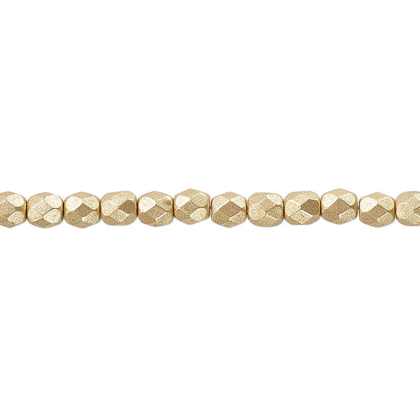Bead, Czech fire-polished glass, opaque satin metallic gold, 4mm faceted round. Sold per 15-1/2" to 16" strand, approximately 100 beads. image number 0