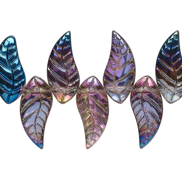 Bead, glass, translucent half-coated metallic blue and vitrail, 18x8mm top-drilled curved leaf. Sold per 8" strand. image number 0