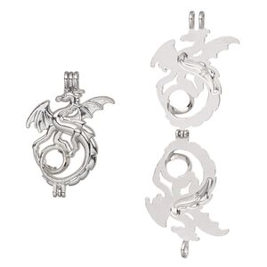 Pendant, imitation rhodium-finished "pewter" (zinc-based alloy), 41.5x29.5mm two-sided dragon bead cage, fits 8mm round bead. Sold individually.