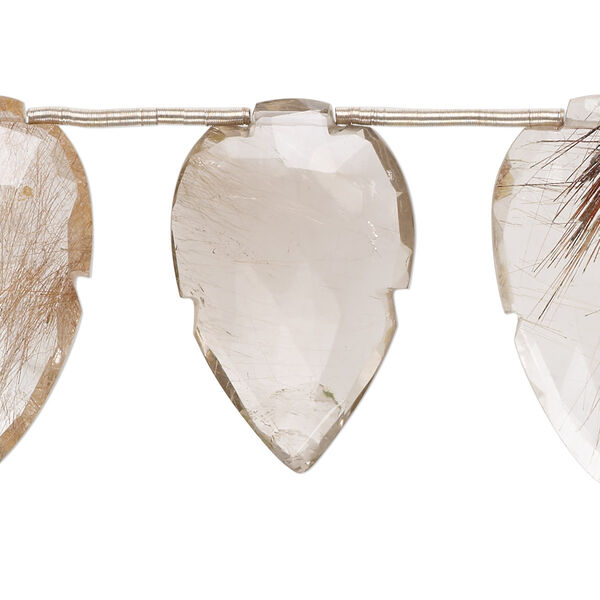 Bead, golden rutilated quartz and red hair quartz (natural), 33x17mm-40x23mm hand-cut top-drilled faceted puffed arrowhead, B grade, Mohs hardness 7. Sold per pkg of 9. image number 0