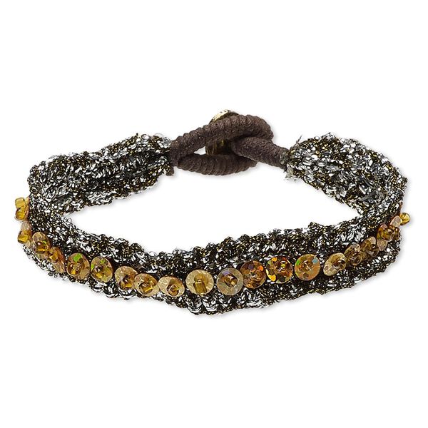 Bracelet, polyester / waxed cotton cord / glass / sequin / antiqued gold-finished "pewter" (zinc-based alloy), silver / gold / brown, 12mm wide, 7-1/2 inches with button clasp. Sold individually. image number 0