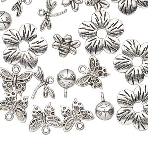 Bead / component / charm, antique silver-plated "pewter" (zinc-based alloy), 9x9mm-23x23mm assorted single- and double-sided insect and flower. Sold per pkg of 25.