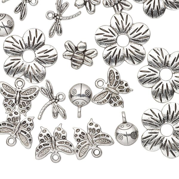 Bead / component / charm, antique silver-plated "pewter" (zinc-based alloy), 9x9mm-23x23mm assorted single- and double-sided insect and flower. Sold per pkg of 25. image number 0