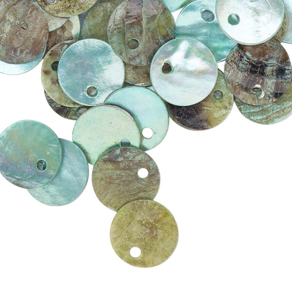 Drop, mussel shell (dyed / coated), blue, 10mm flat round. Sold per pkg of 100. image number 0