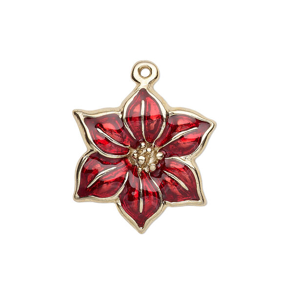 Charm, gold-finished "pewter" (zinc-based alloy) and enamel, red, 22x22mm single-sided poinsettia. Sold per pkg of 2. image number 0