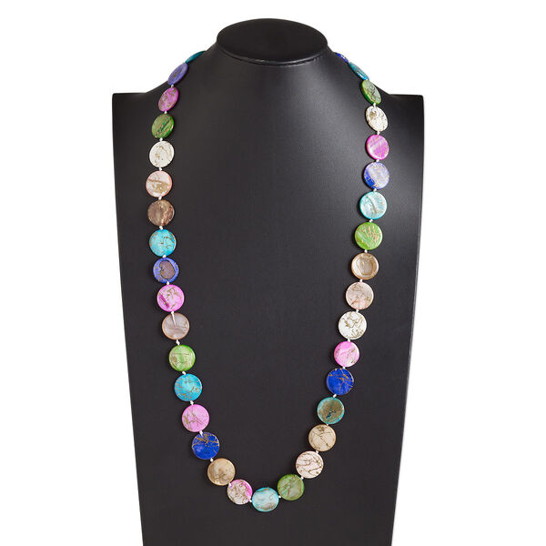 Necklace, mother-of-pearl shell (dyed / coated), multicolored AB, 20mm flat round, 34-inch knotted continuous loop. Sold individually. image number 0