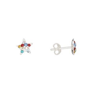 Earstud sterling silver / Preciosa crystal 1pkg2, 7.5mm star / earnuts included, Create Compliments® multicolored 1 pair