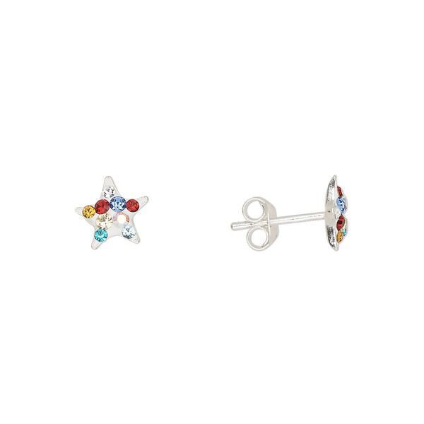 Earstud sterling silver / Preciosa crystal 1pkg2, 7.5mm star / earnuts included, Create Compliments® multicolored 1 pair image number 0