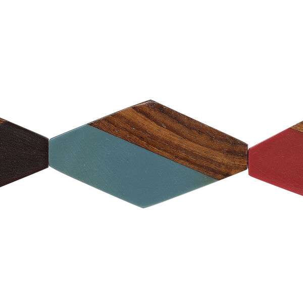 Bead, yellow boxwood and resin (assembled), multicolored, 48x26mm diamond. Sold per 7-inch strand, approximately 4. image number 0