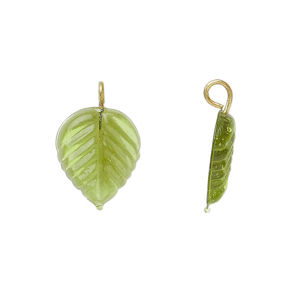 Drop, glass with brass loop, green, 14x13mm leaf. Sold per pkg of 12. image number 0
