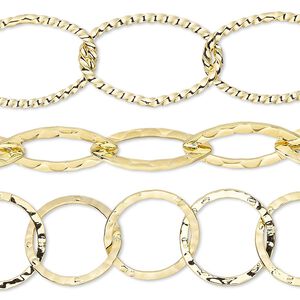 Chain mix 1pkg3 gold-plated, 14mm hammered round / 18x8mm hammered marquise / 21x14mm twisted oval / closed links, brass 8 inch unfinished