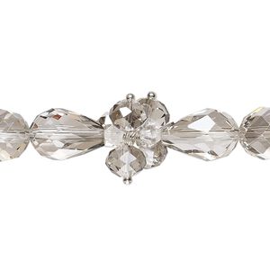 Bead, glass and silver-finished brass, smoke and clear, 4mm faceted bicone / 8x6mm faceted rondelle / 15x10mm faceted teardrop. Sold per 8-inch strand.